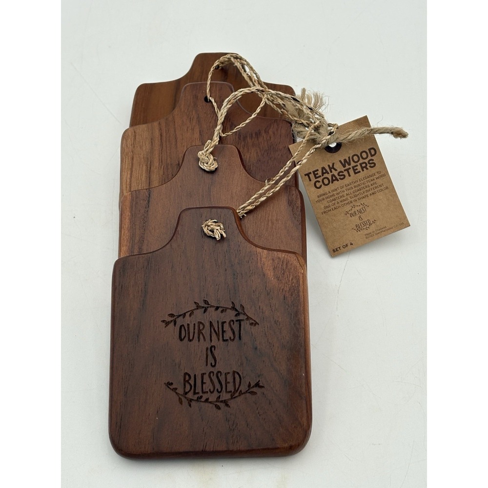 Teak Wood Coasters Set of 4 "Our Nest Is Blessed" Rustic Farmhouse Decor NWT‎